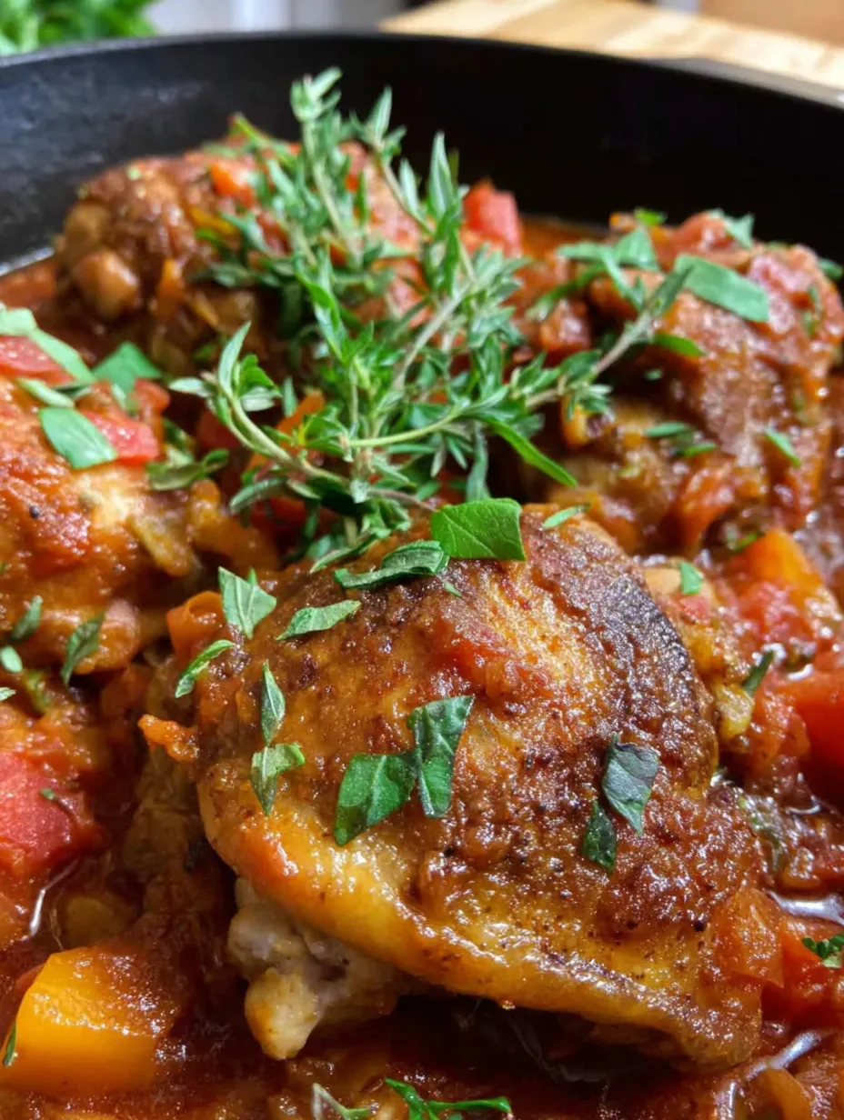 Ein Bild von Hühnchen mit grünen Blättern und Tomaten in einer Sauce.