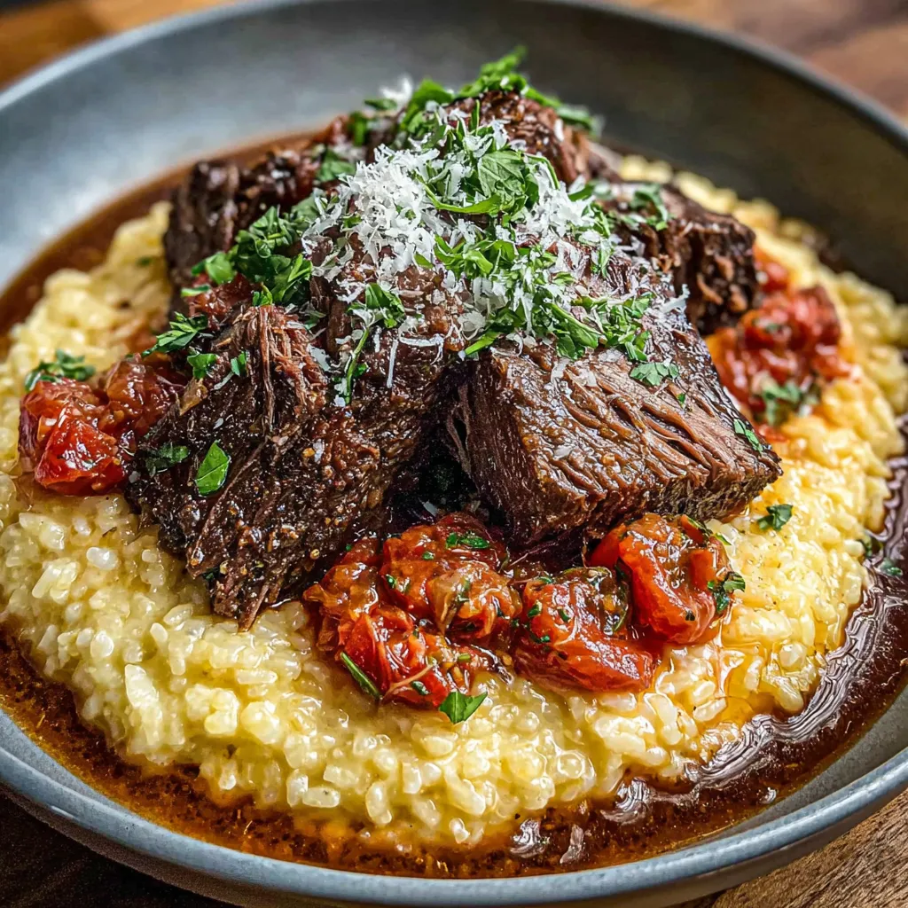 Ein Plate mit Rizotto und Rindersteak.