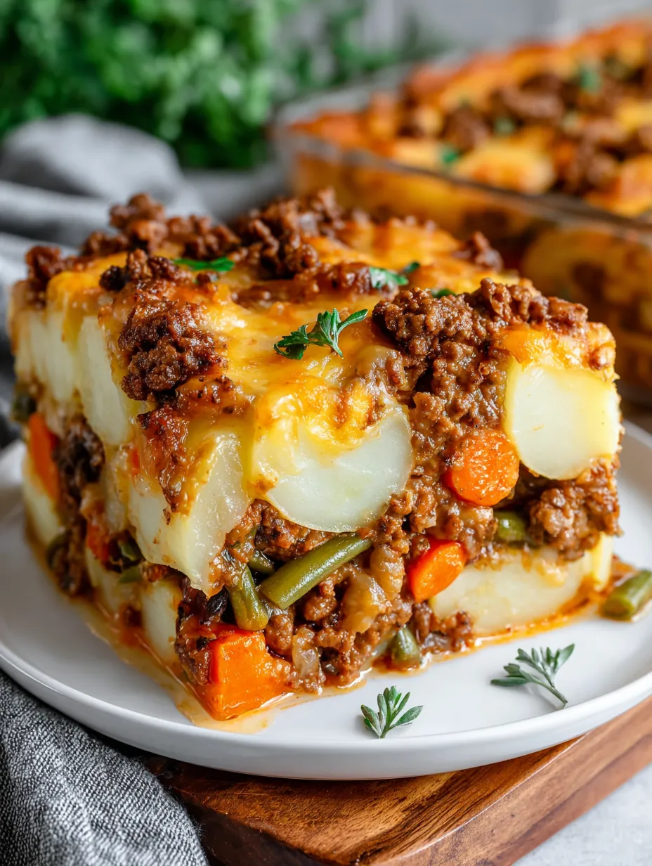 Ein gro&szlig;es, leckeres, mit Kartoffeln, Zwiebeln und Rindfleisch gef&uuml;lltes Gericht auf einem wei&szlig;en Teller.