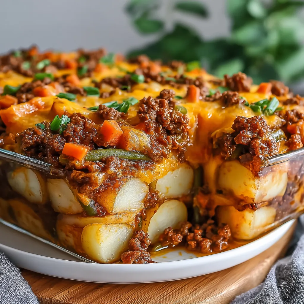 Eine Tafel mit einer großen, frittierten Beilage, die aus Kartoffeln, Zwiebeln, Paprika, Karotten, Tomaten und Rindfleisch besteht.