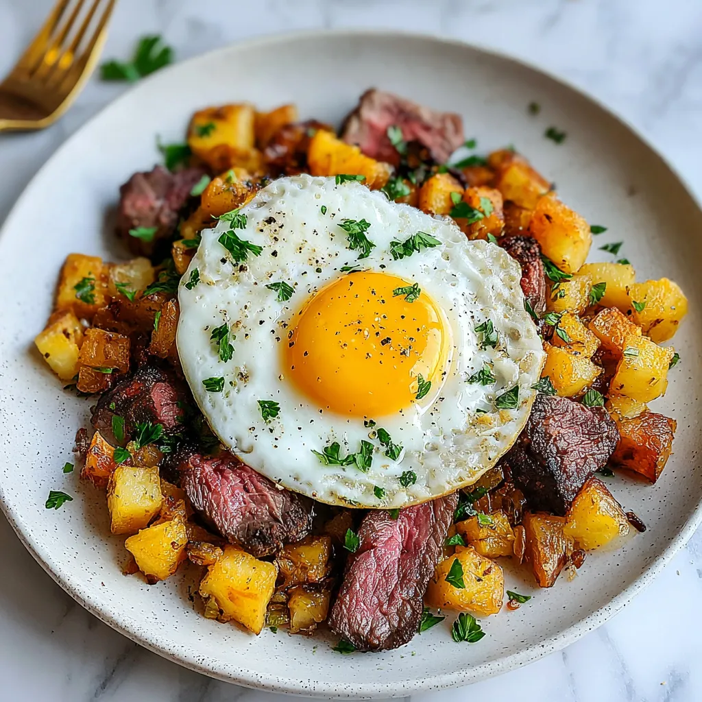 Ein Ei auf einem Plate, umgeben von Steak und Kartoffeln.