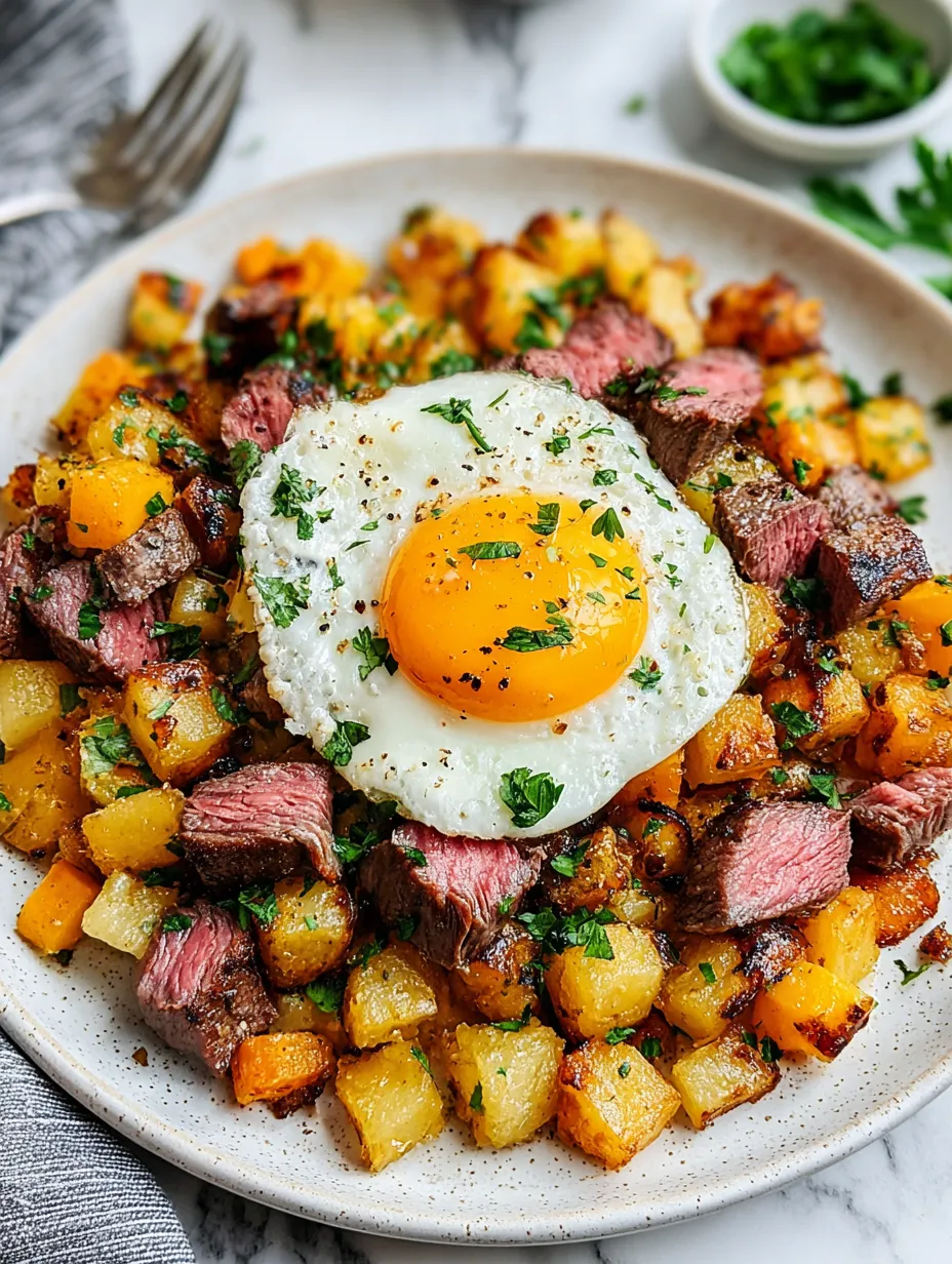Ein Bild von einer Steak-Ei-Mischung, die auf einem Teller mit Kartoffeln und Zwiebeln pr&auml;sentiert wird.