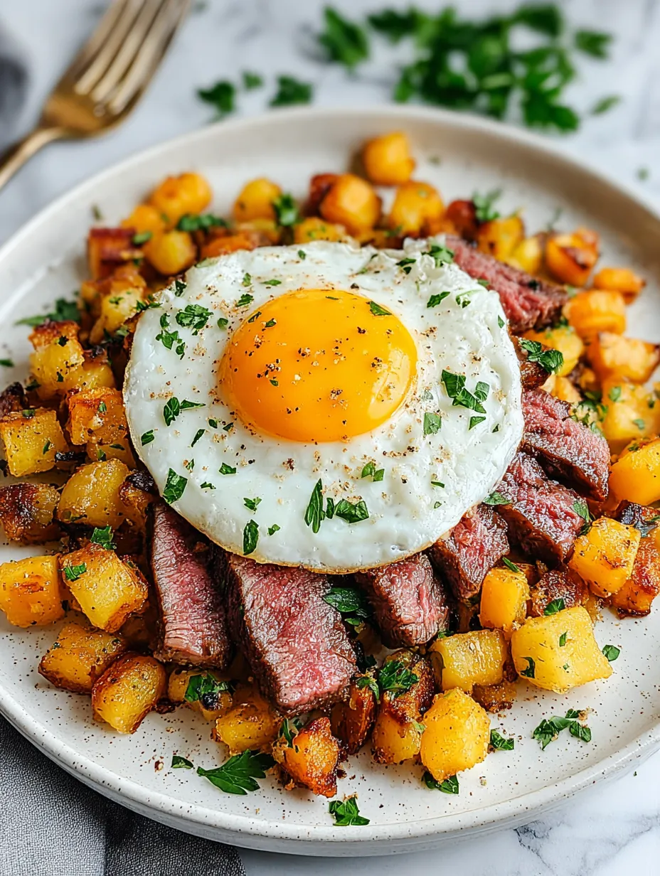 Ein Bild zeigt eine Platte mit Steak, Kartoffeln, Zwiebeln und einem Ei.