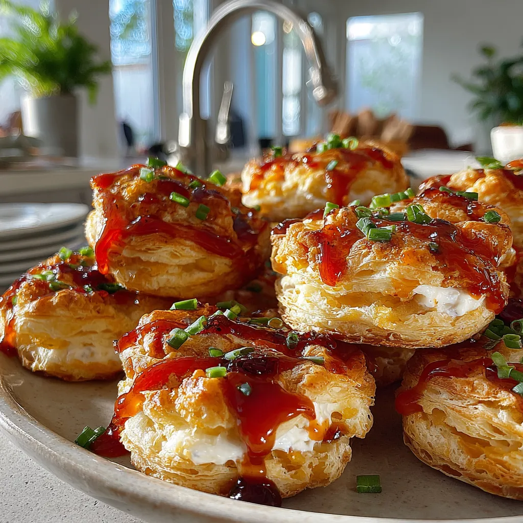 Eine Platte mit frisch zubereiteten Croissants, die mit Sauce und Kräutern garniert sind.