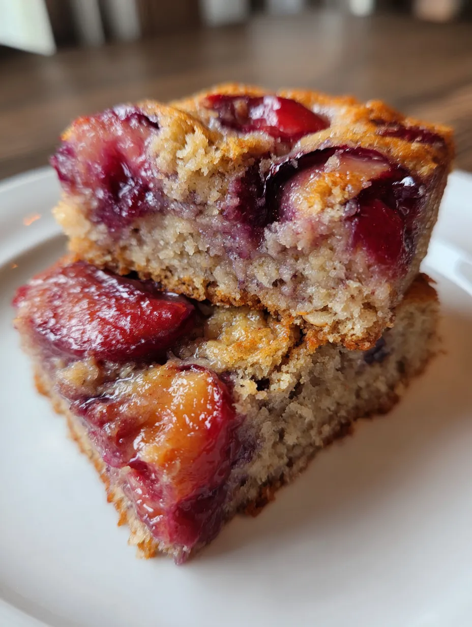 Ein St&uuml;ck Kuchen mit einer Schicht aus Fr&uuml;chten, darunter eine Mischung aus Apfel und Cherry, auf einem wei&szlig;en Teller.