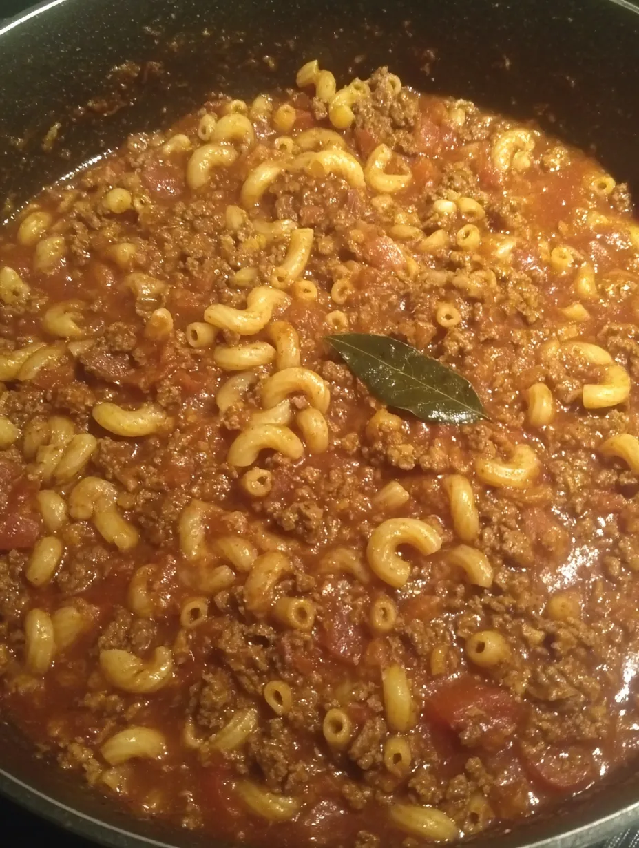 Eine Sch&uuml;ssel mit Macaroni-Nudeln und Rindfleisch-Sauce.