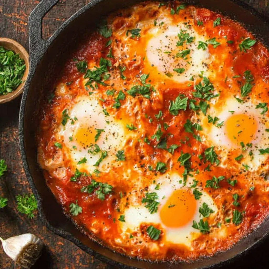 Ein Schmelztopf mit Eiern und Tomaten.