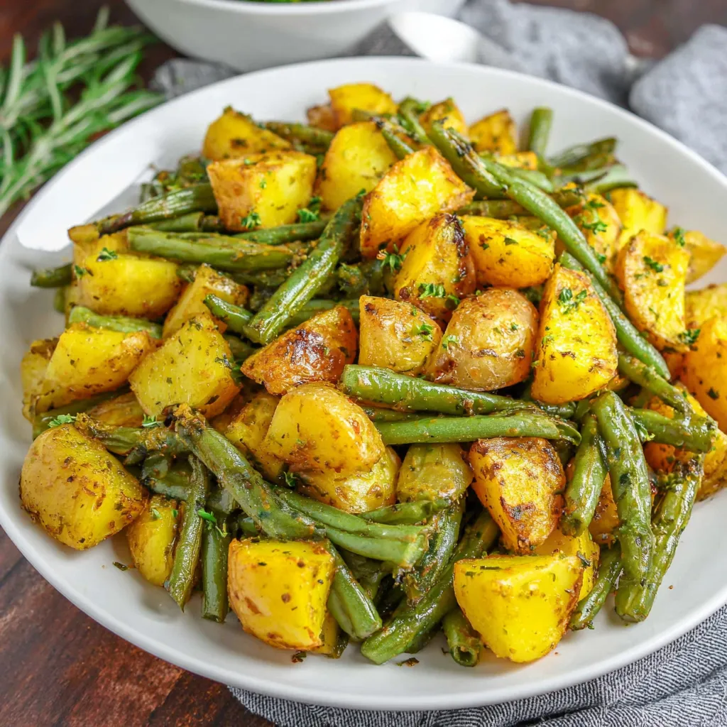 Ein weißer Teller mit grünen Bohnen, gegrilltem Gemüse und Kartoffeln.