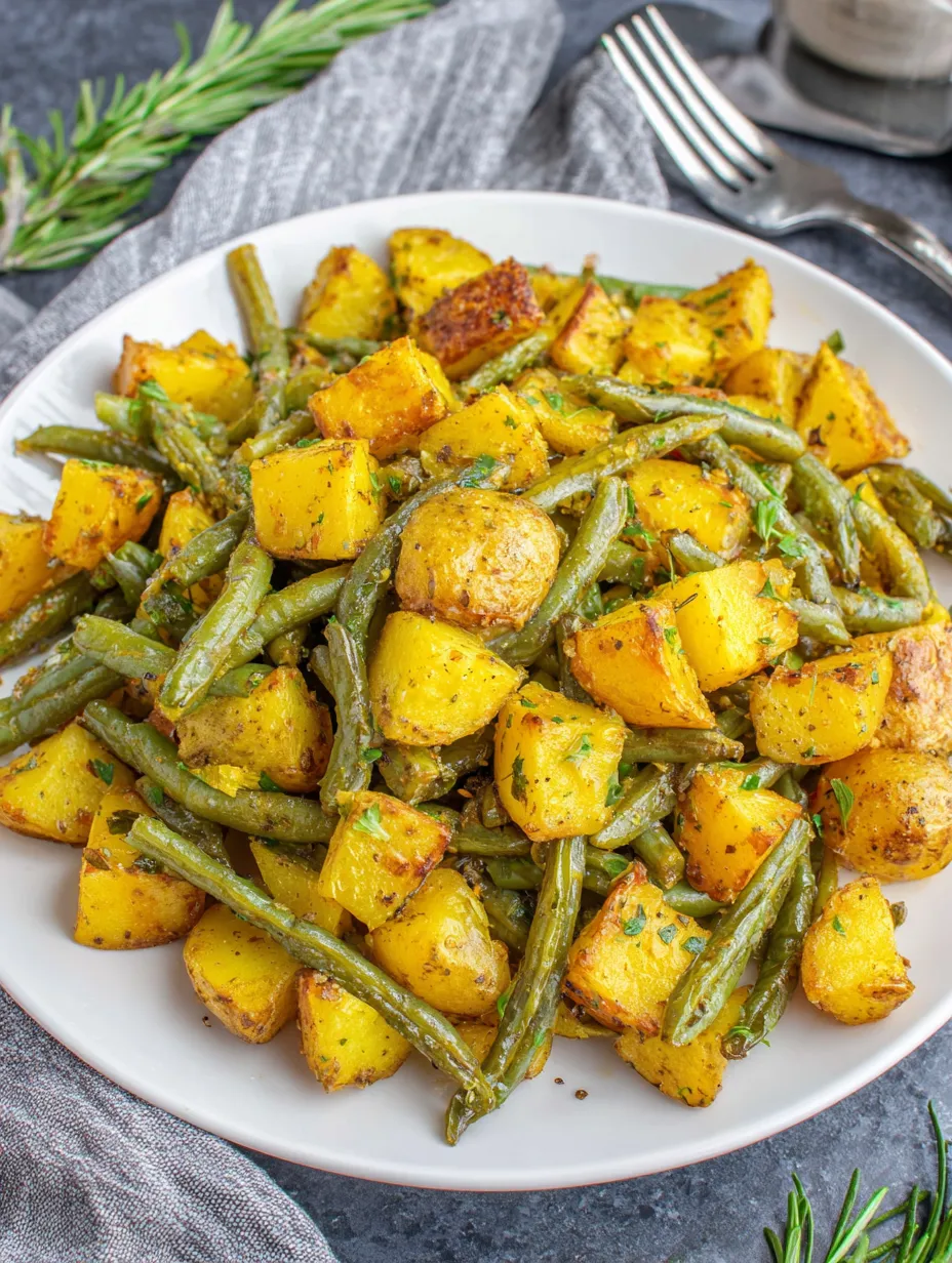 Ein weißer Teller mit einer Mischung aus Kartoffeln, Zwiebeln und Gurken.