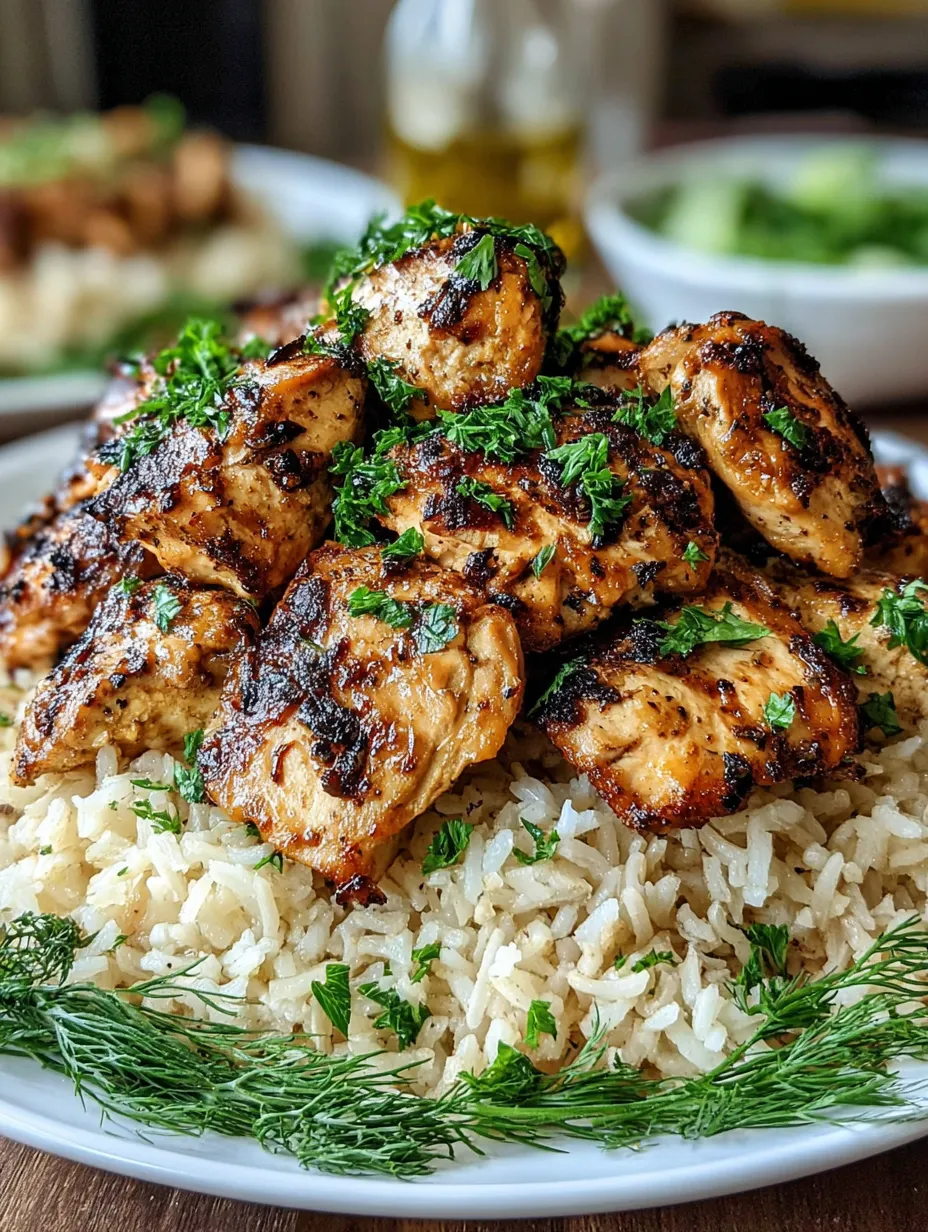 Ein Plate mit grünen Zwiebeln und schwarzen, gebratenen Chicken-Stücken.