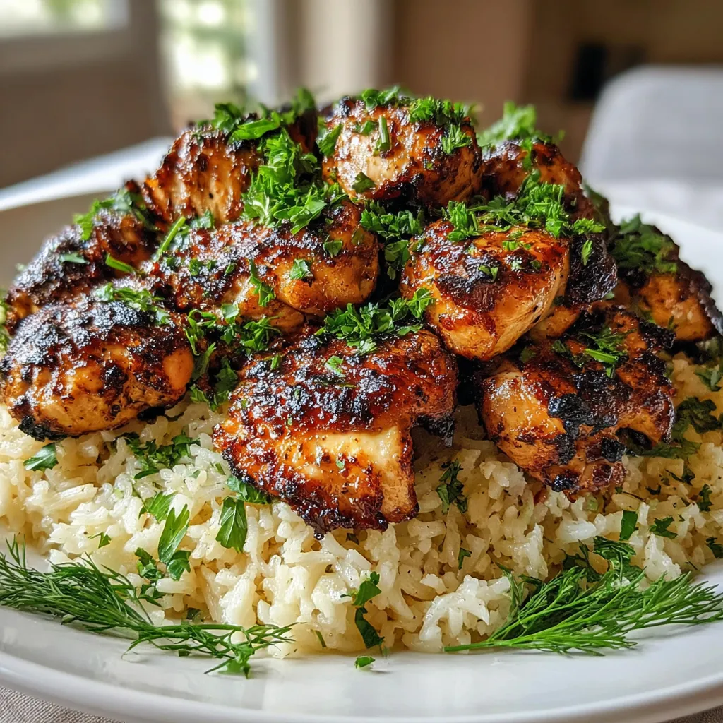Ein weißer Teller mit einer Mischung aus Rice und Chicken.