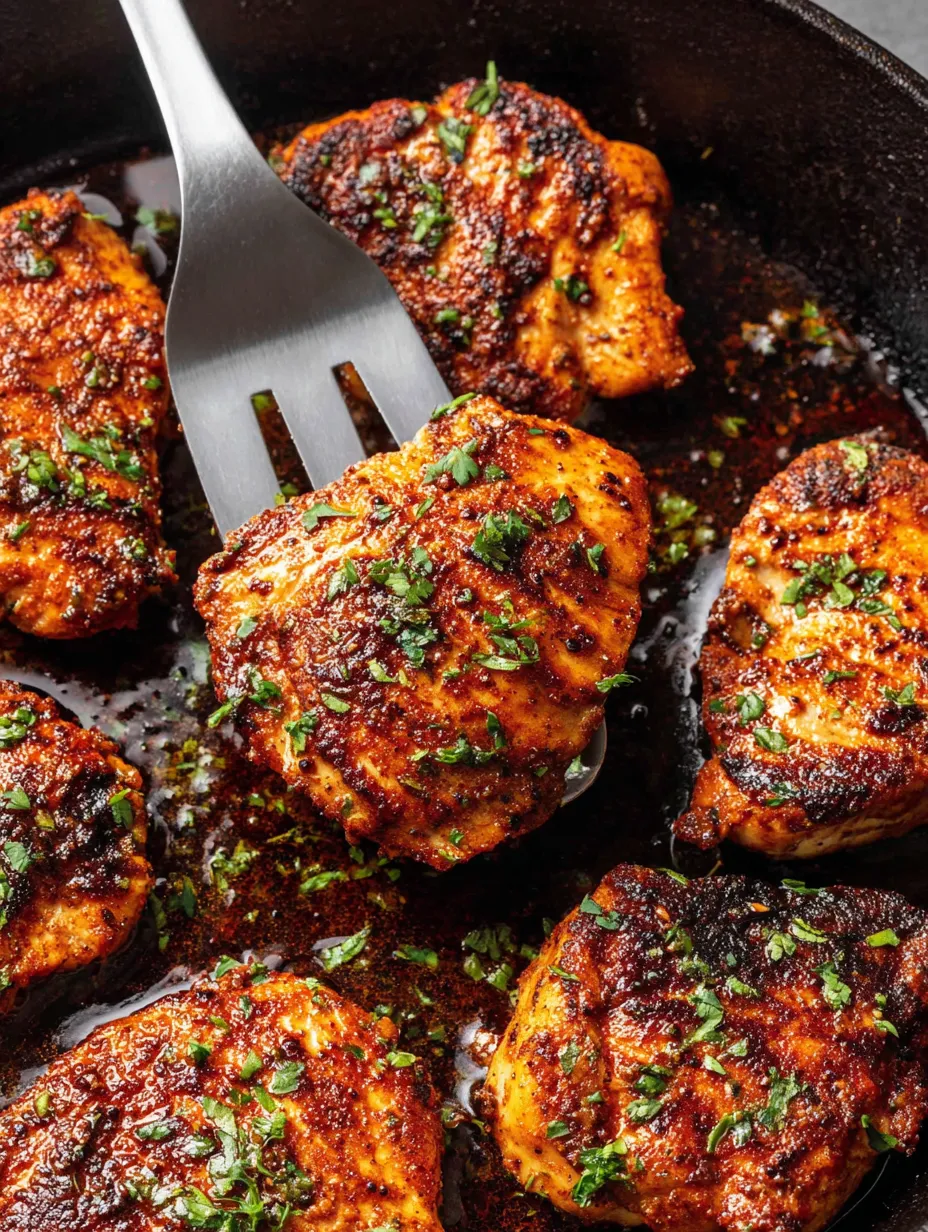Eine Schüssel mit schwarzen, gebratenen Chicken-Stücken, die mit Parsley garniert sind.