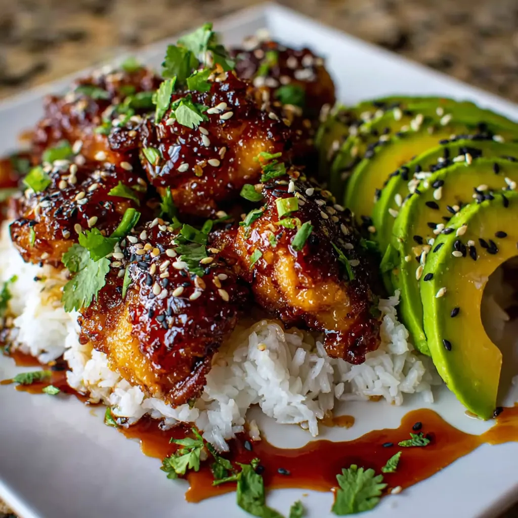 Ein weißer Teller mit Avocado, Rice und Chicken.