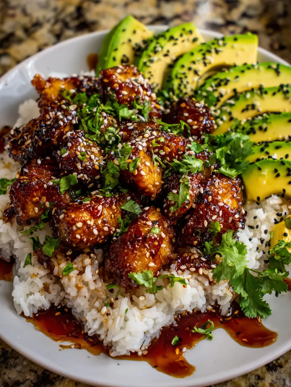 Ein weißer Teller mit einer Mischung aus Rice, Avocado, Chicken und Gewürzen.