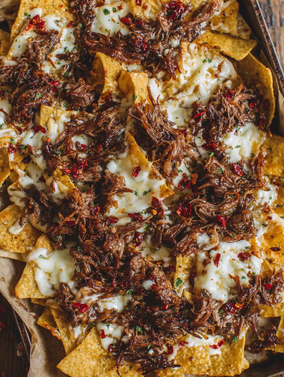 Eine Tasse mit beef nachos, die mit roten Paprika und gr&uuml;nen Zwiebeln garniert sind.