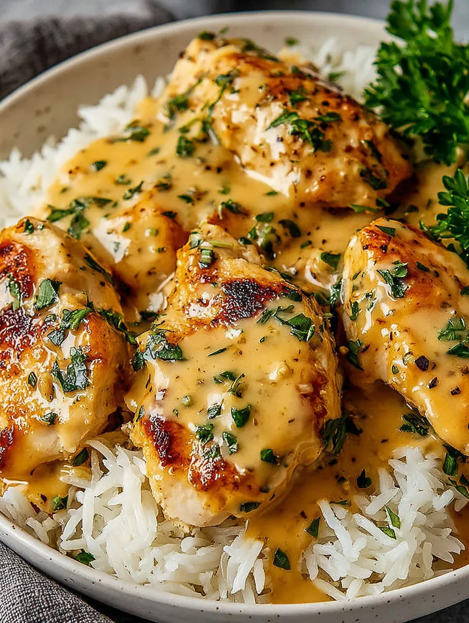 Chicken mit Sauce auf Reis.