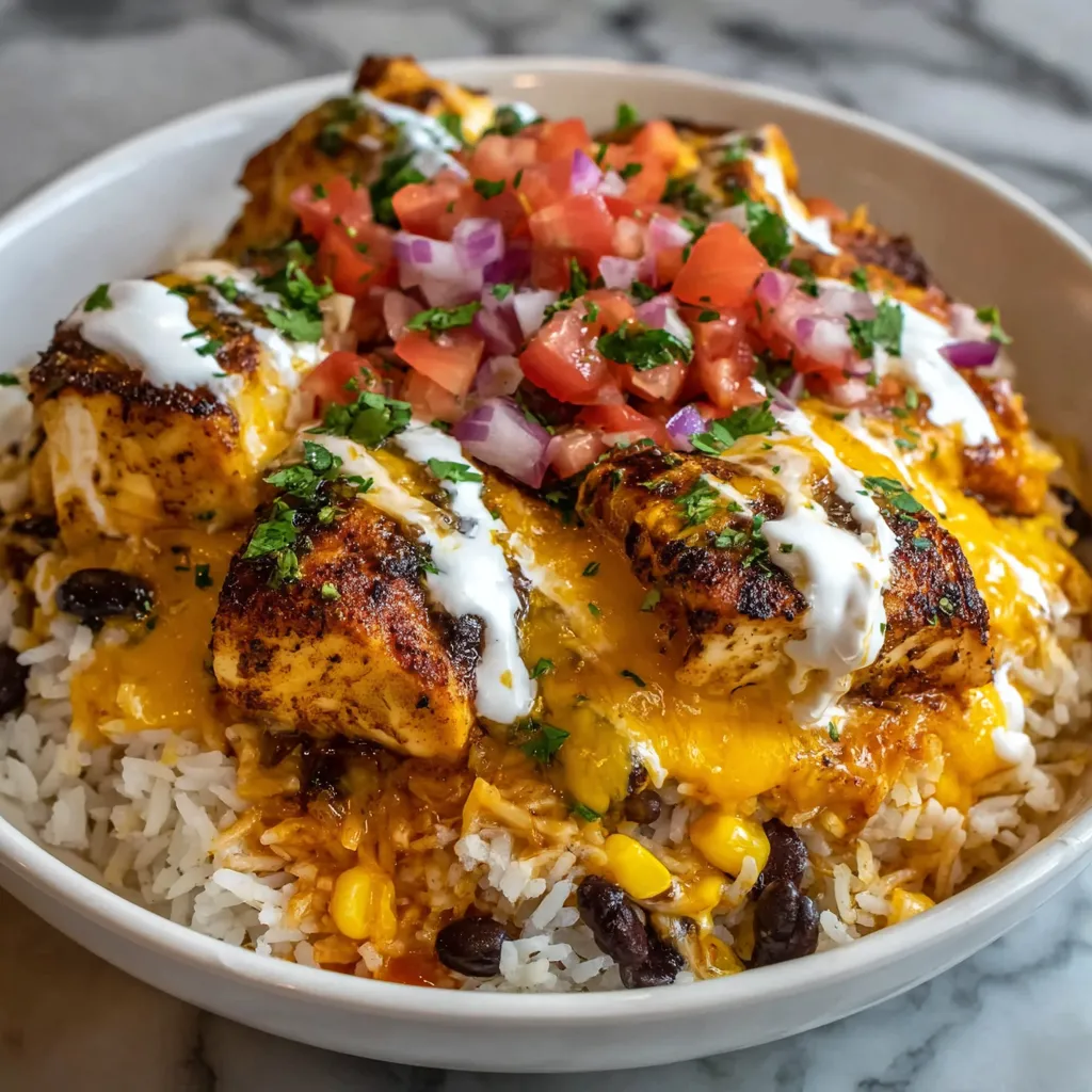 Ein weißer Teller mit einer Mischung aus Rice, Käse, Tomaten, Pimentos, Onions und Chicken.