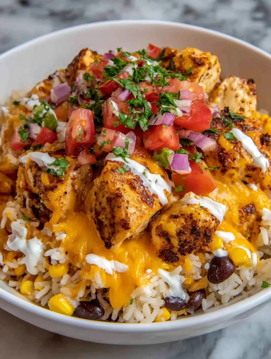 Ein weißer Teller mit einer Mischung aus Kartoffeln, Rice, Tomaten, Koriander, Chili und Käse.