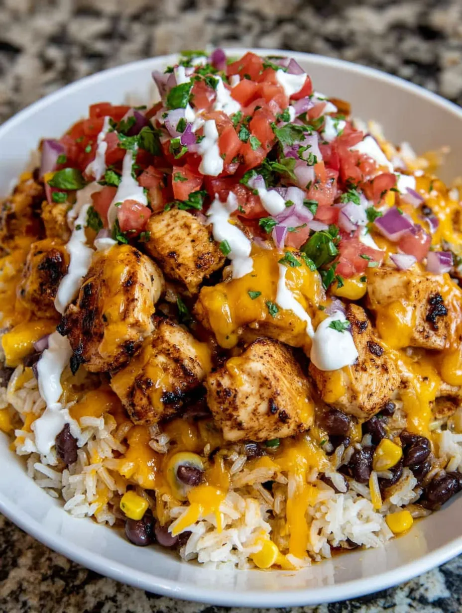 Ein weißer Teller mit einer Mischung aus Rice, Kartoffeln, Tomaten, Chicken, Beans, Pasta, Ketchup und Mayonnaise.