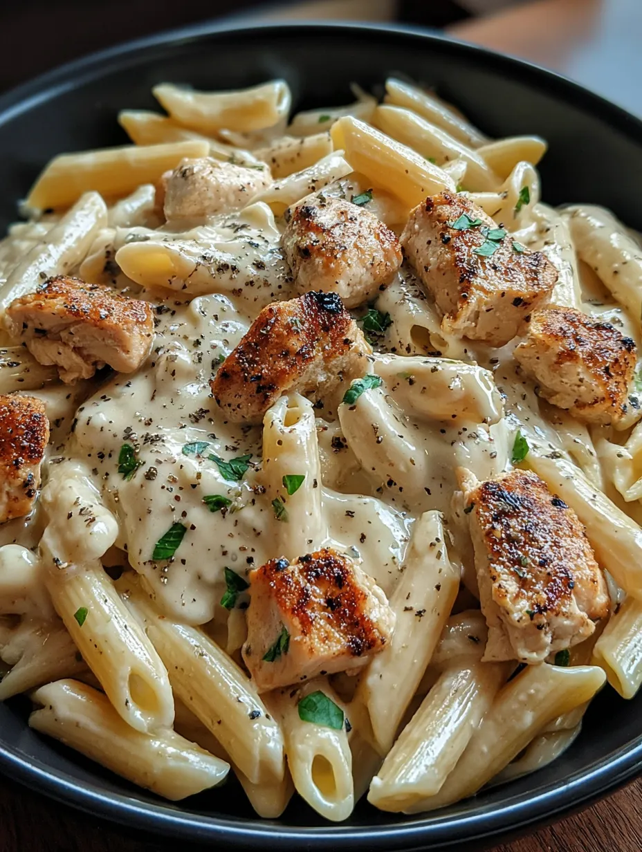 Ein Bild von Pasta mit Chicken und Zwiebeln.