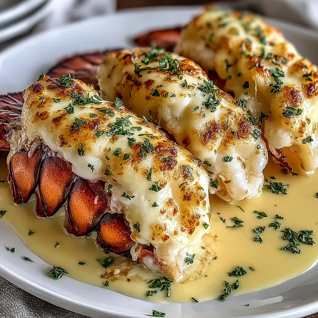 Ein weißer Teller mit zwei lobster-Taillen, die mit garlic cream garniert sind.