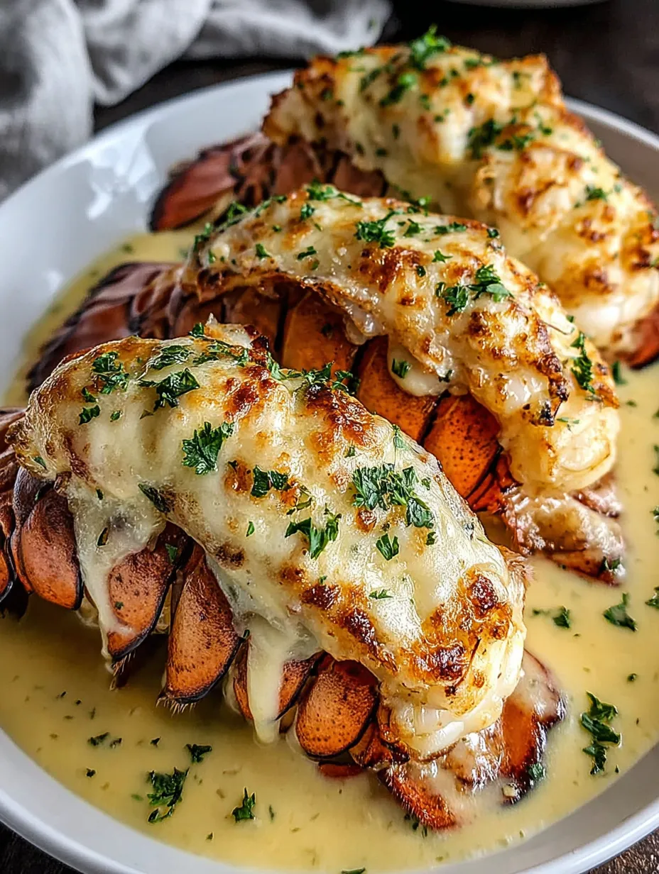 Ein weißer Teller mit zwei lobster-Tails, die in einer creamy garlic sauce liegen.
