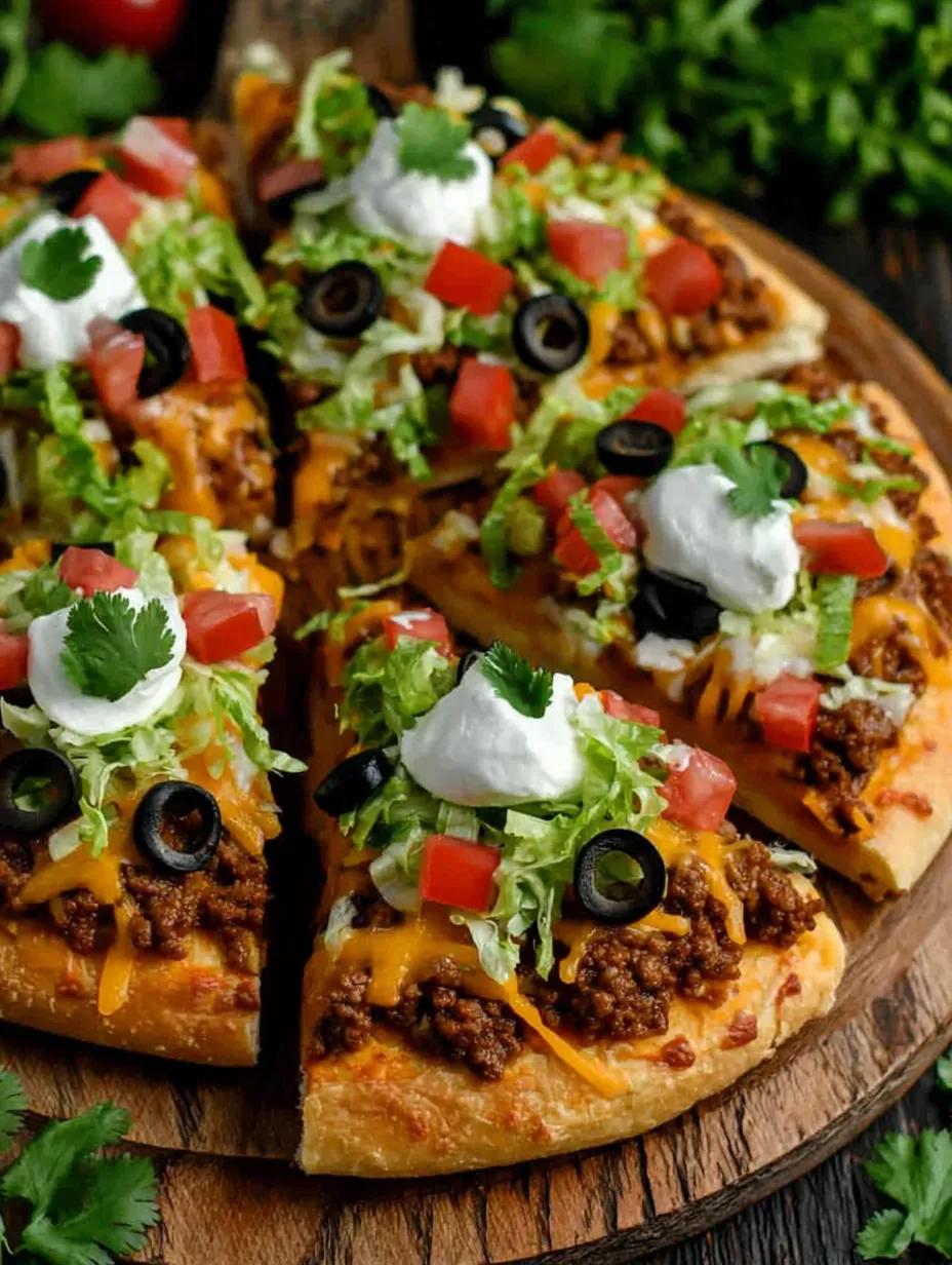 Ein Pizza mit verschiedenen Zutaten wie Tomaten, Oliven, Lettuce und Cheddar Cheese auf einem Holzblock.