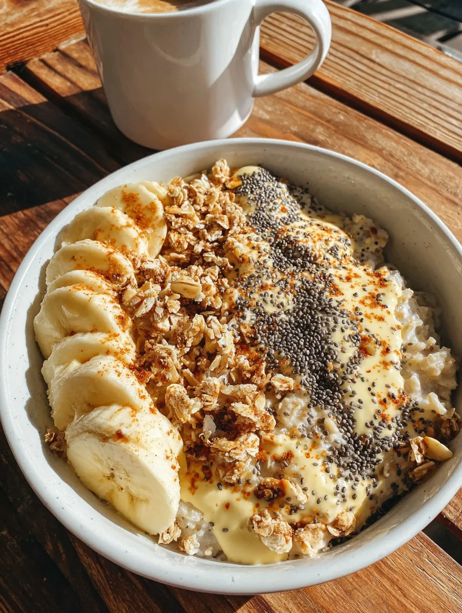 Ein weißer Teller mit Bananen, Nüsse und Granola.
