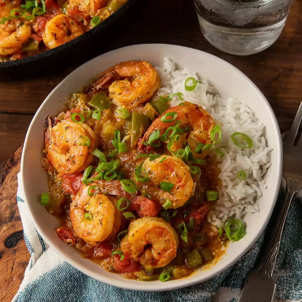 Ein weißer Teller mit einer Mischung aus Garnelen, Tomaten, Paprika und Zwiebeln, garniert mit Zwiebeln und serviert mit Reis.