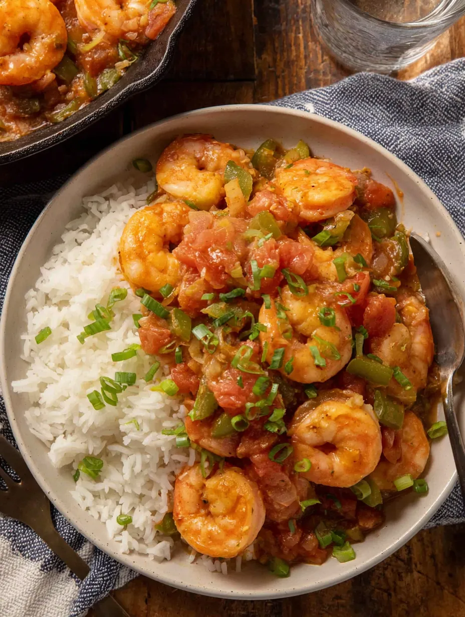 Ein Schmelztopf mit gegrillten Shrimps und Tomaten.