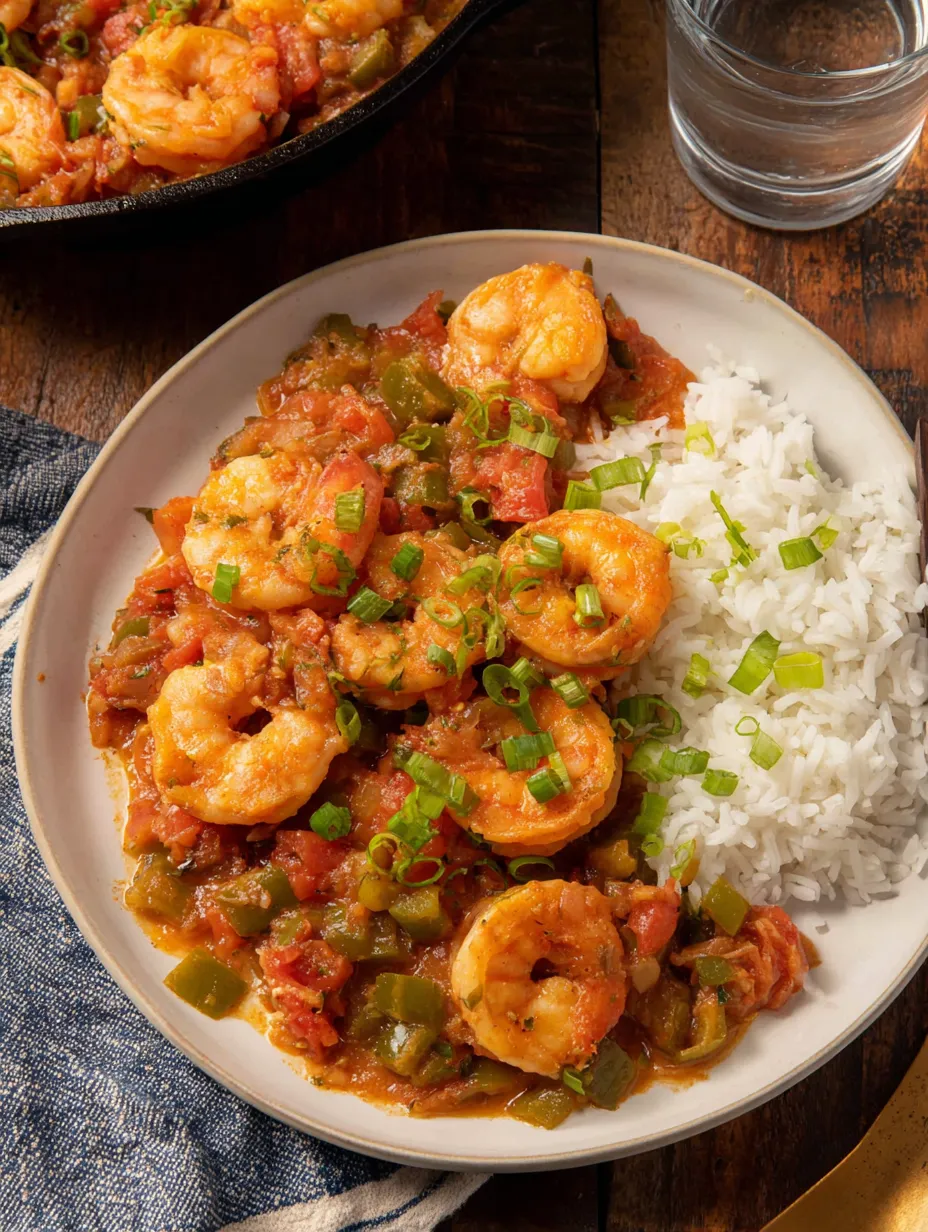 Ein weißer Teller mit einer Mischung aus Garnelen, Tomaten, Paprika und Zwiebeln.