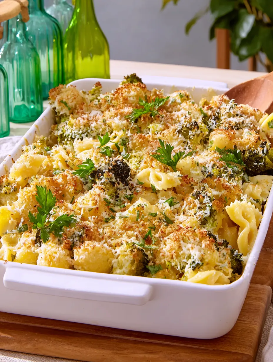 Ein weißer Teller mit einer Mischung aus Pasta, Broccoli und Käse.