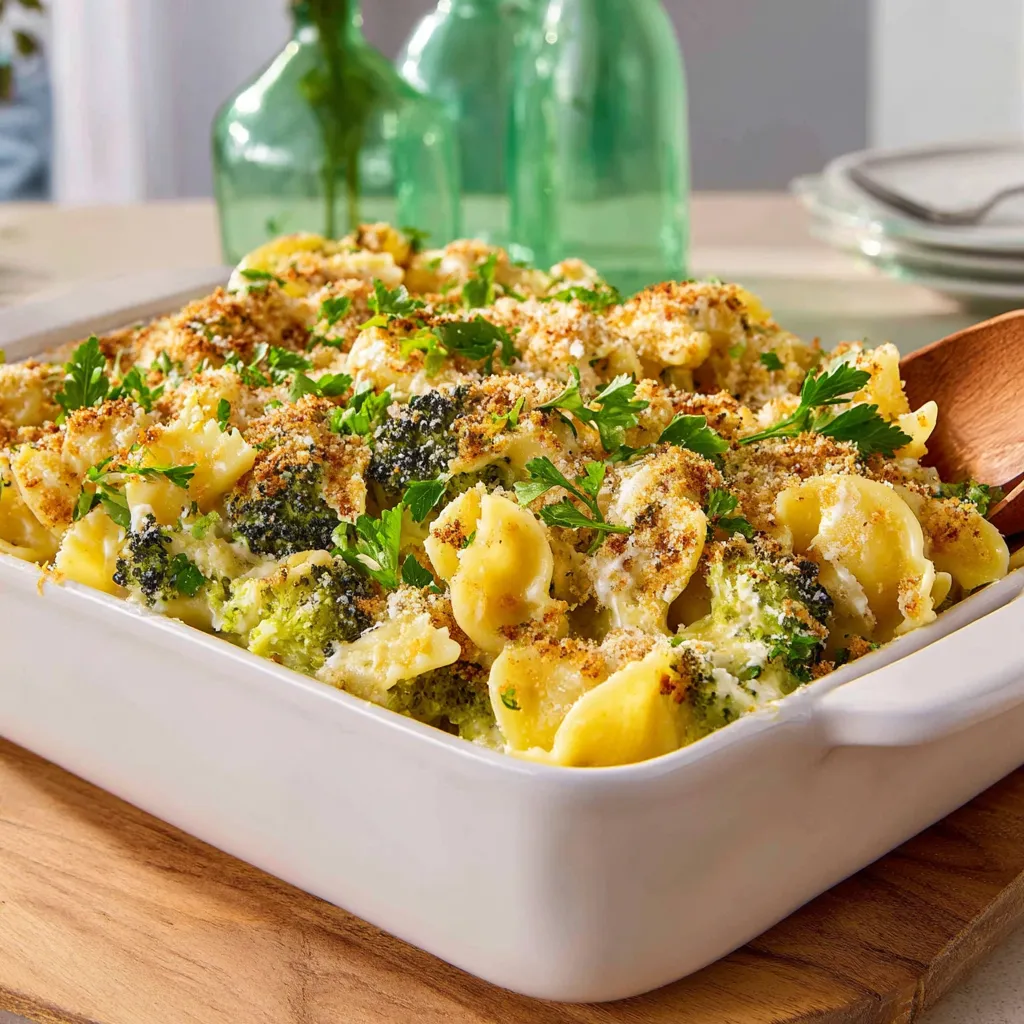 Ein weißer Teller mit einer Mischung aus Pasta, Broccoli und Zwiebeln.