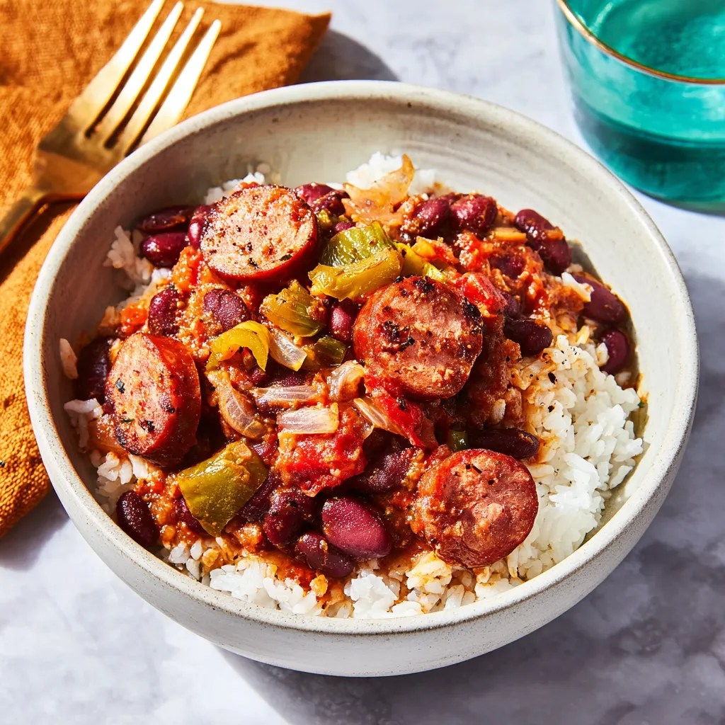Ein weißer Teller mit einer Mischung aus Rice, Kartoffeln, Tomaten, Paprika, Zwiebeln und Wurst.