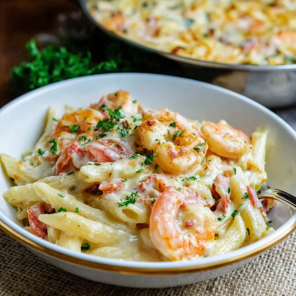 Ein weißer Teller mit Penne-Nudelsalat und Zwiebeln.