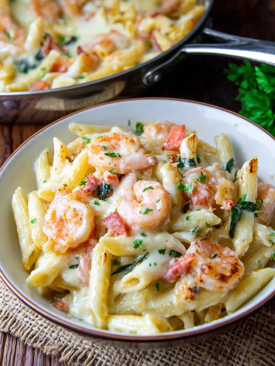 Ein weißer Teller mit Pasta und Shrimp.