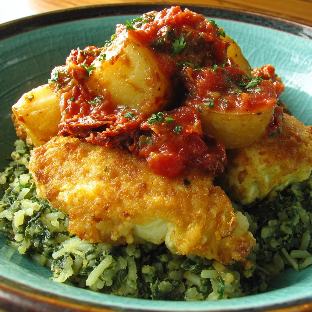 Ein Plate mit einer Mischung aus Rizinus und Kartoffeln, garniert mit Tomaten und Basilikum.