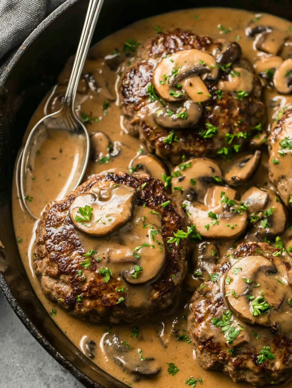 Eine Schüssel mit gegrillten Steaks, die mit Sauce und Mushrooms garniert sind.