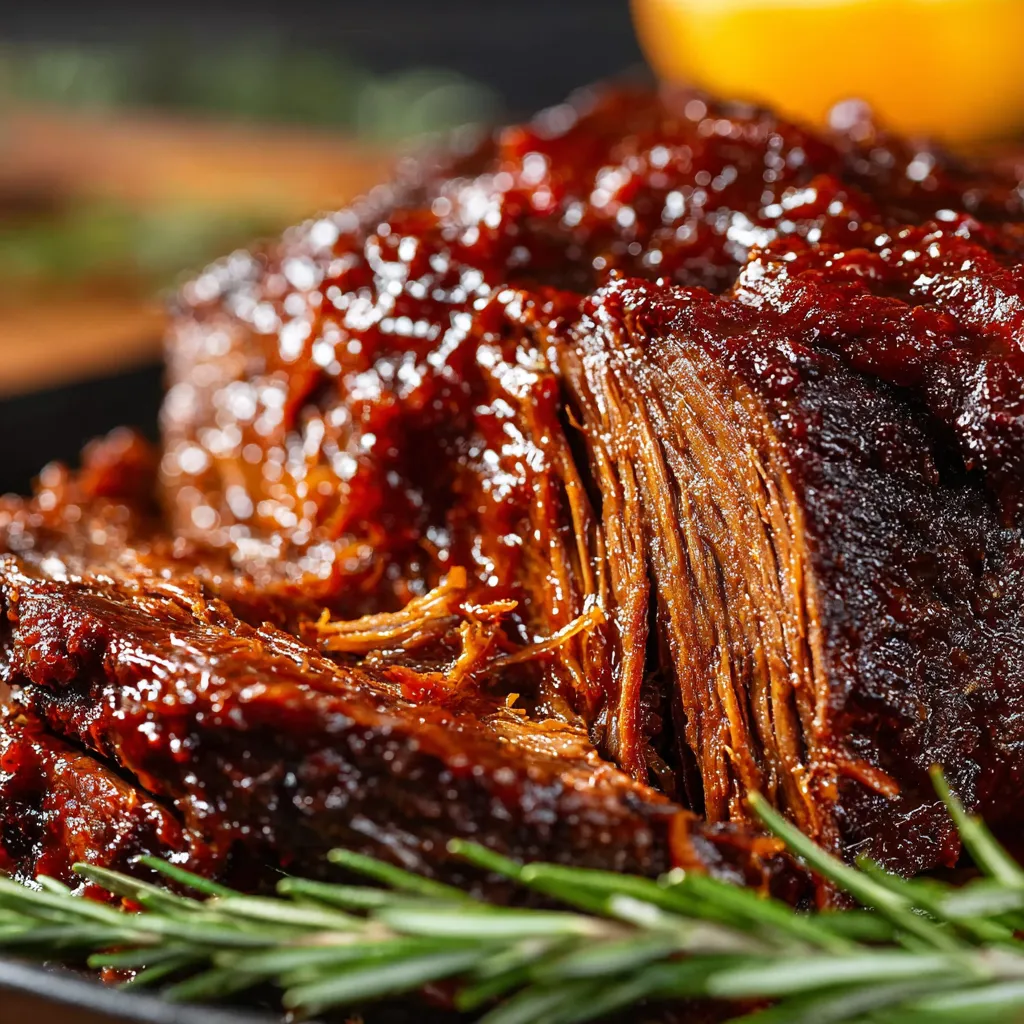 Eine schwarze Schüssel mit einem Stück Rindfleisch, das mit Sauce bedeckt ist.