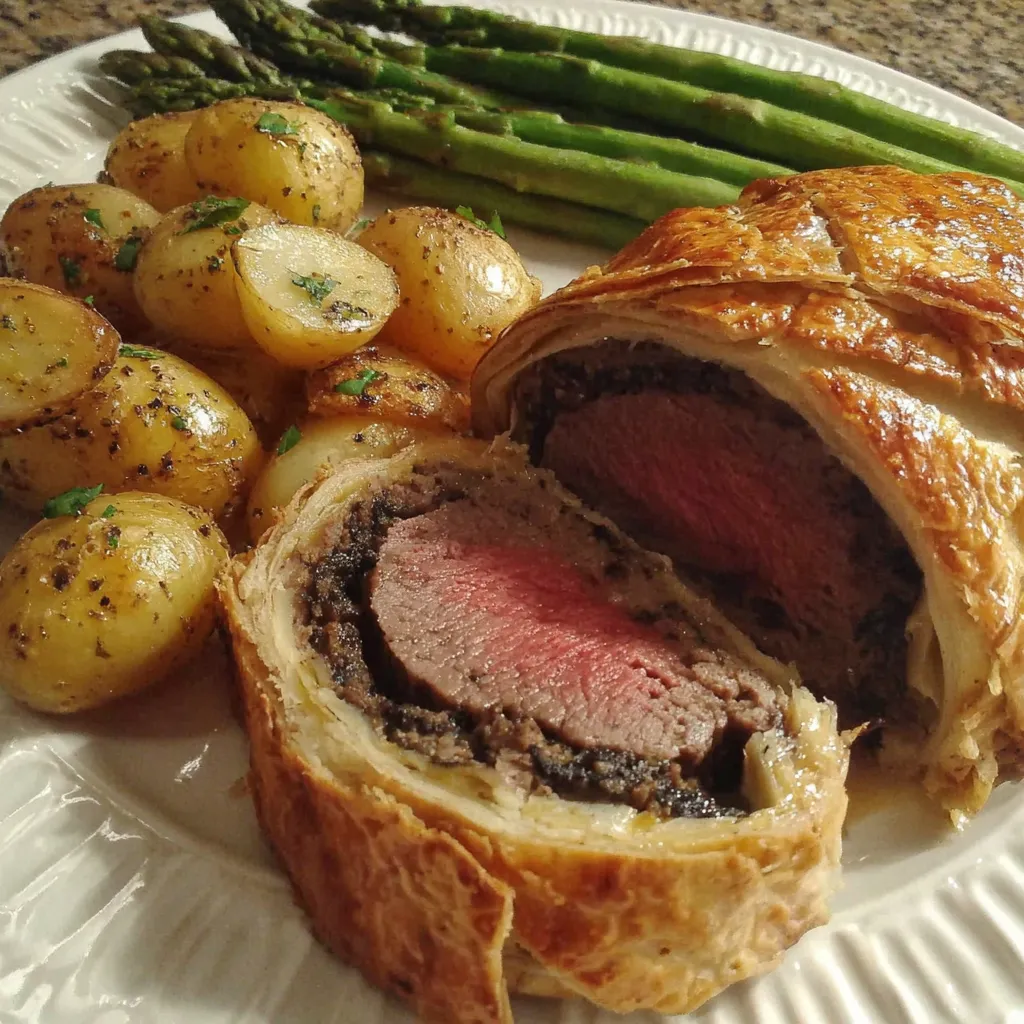 Ein weißer Teller mit einer Pizza, die aus Steak, Kartoffeln und Asparagus besteht.