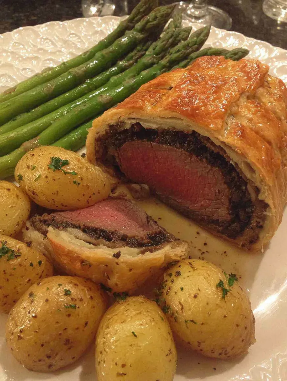 Ein Plate mit einer Art von Fleisch, das in einem Baguette oder einer Art von Käse eingewickelt ist. Es gibt auch einige Gemüse, darunter Asparagus, die auf dem Plate liegen.