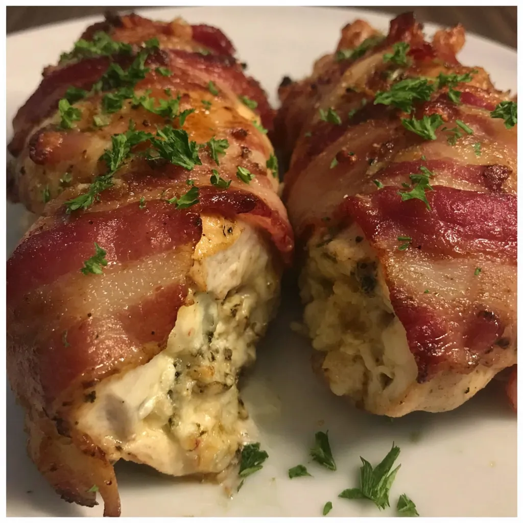 Zwei Stücke von Bacon mit Parsley und Mayonnaise auf einem weißen Teller.