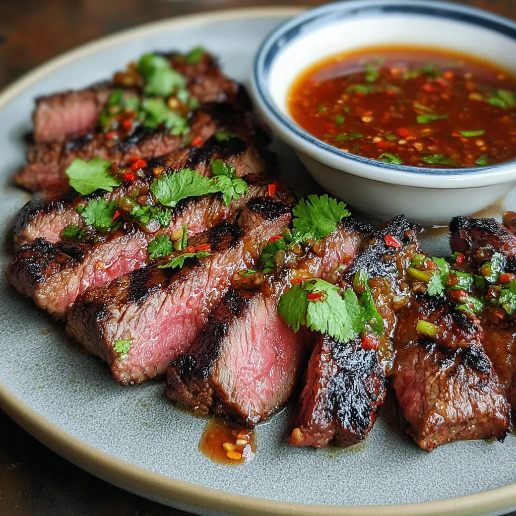 Eine Platte mit Steak und Sauce.