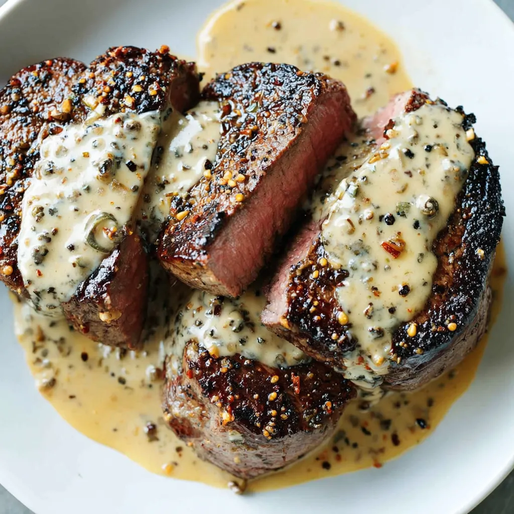 Eine Platte mit Steak, die mit Sauce und Gewürzen garniert ist.