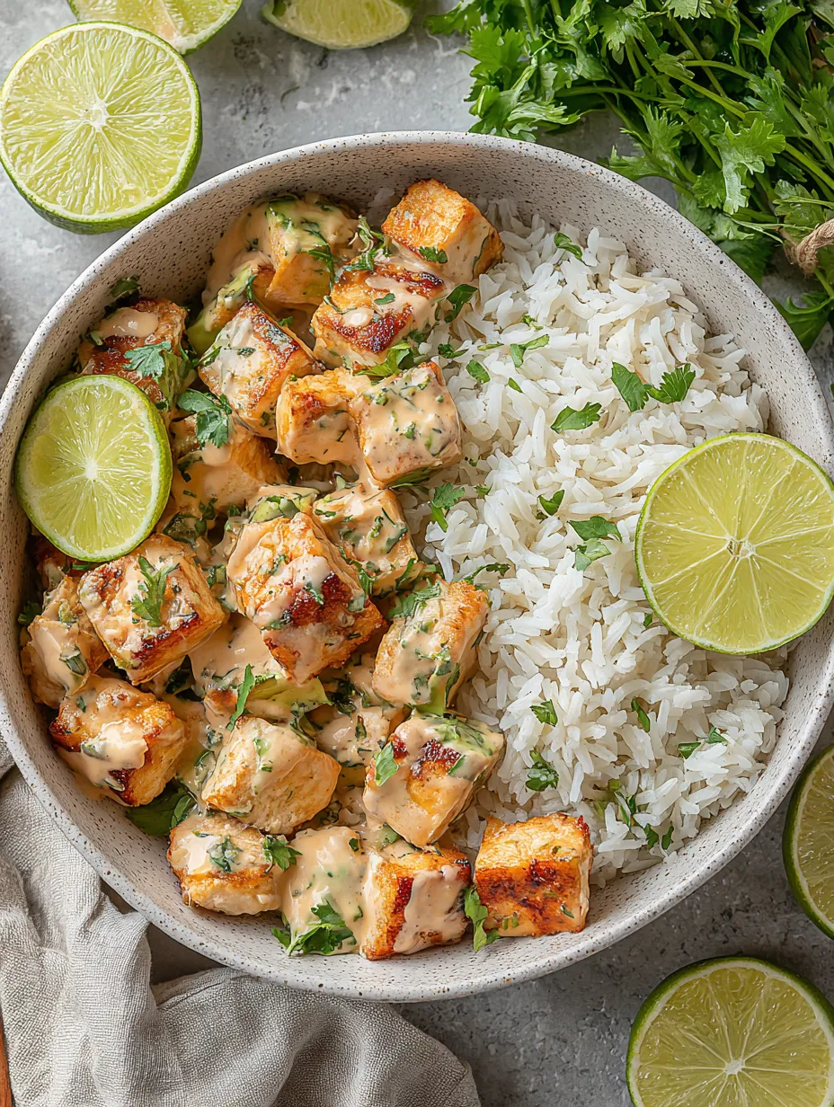 Ein Schälchen mit gegrilltem Hühnchen, Reis und Zwiebeln.