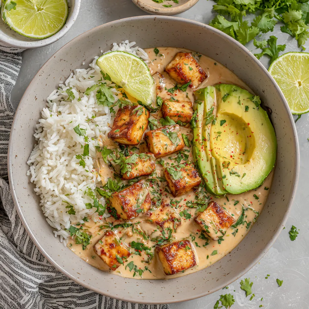 Ein Schüssel mit Rice, Avocado, Lime und Koriander.