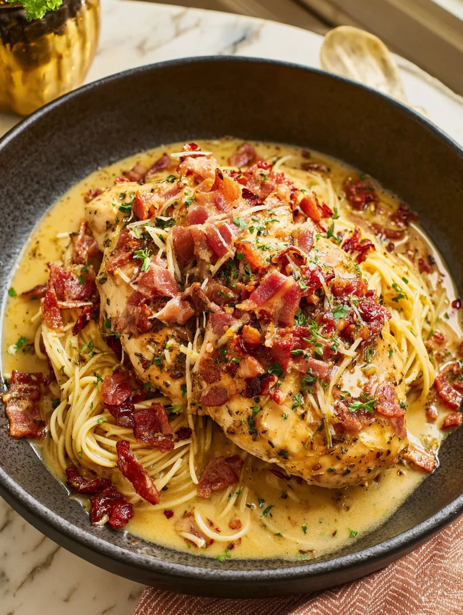 Ein Schüssel mit Spaghetti und Bacon.