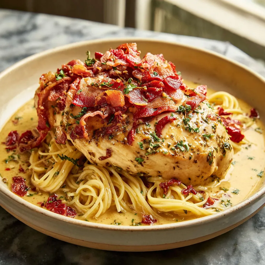 Ein Schüssel mit Pasta, Bacon und Tomaten.