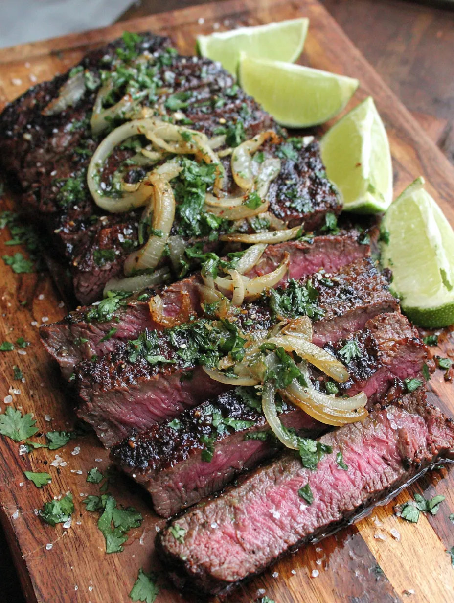 Eine pr&auml;gnante Bildbeschreibung auf Deutsch lautet: "Ein gegrilltes Steak mit Onions und Lime auf einem Tisch.