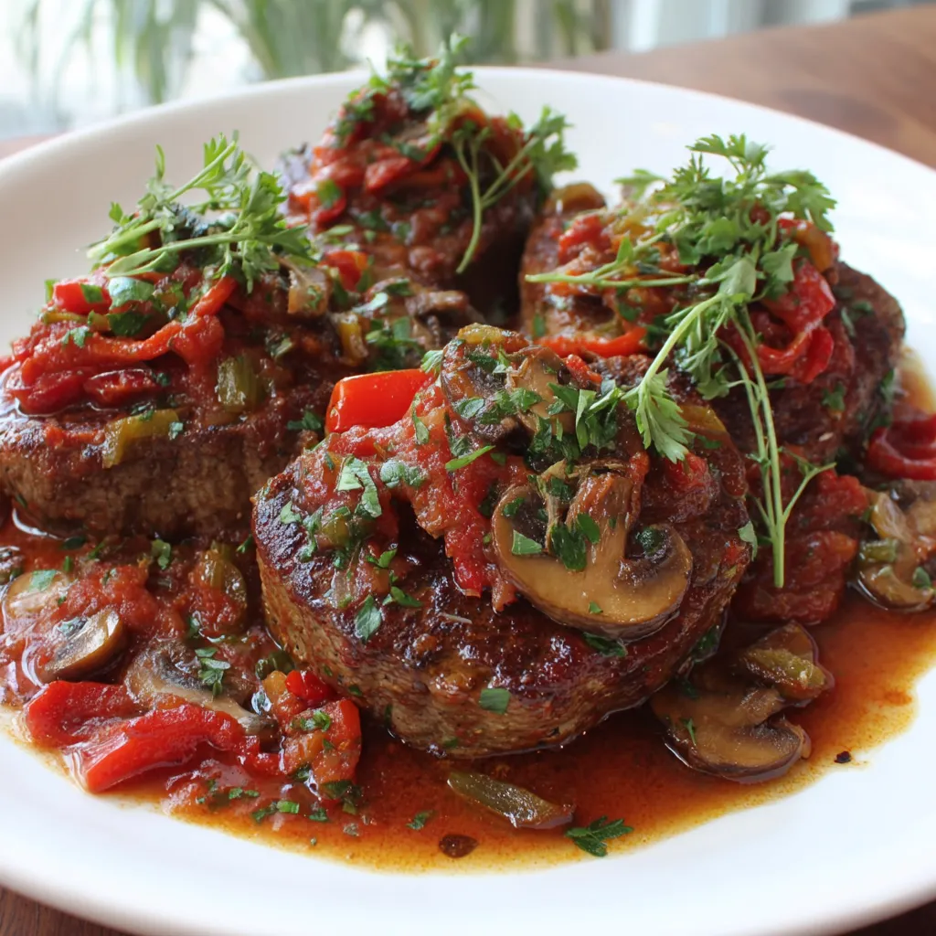 Eine Platte mit gegrillten Steaks, die mit verschiedenen Zutaten wie Tomaten, Paprika, Zwiebeln und Knoblauch garniert sind.